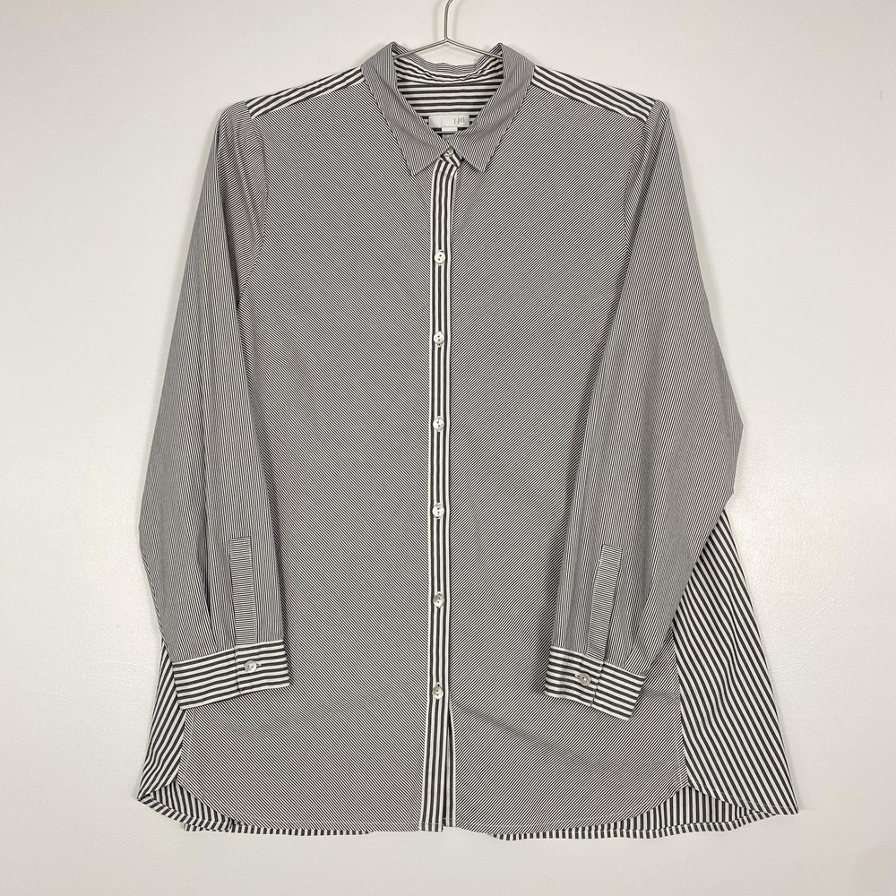 J Jill Shirt Womens Large Black White Stripe Button Front Long Sleeve Tunic
